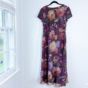 Vintage 90s Karin Stevens Floral Purple Dress Size 14 Shoulder Pads Cottagecore